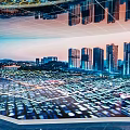 Futuristic Urban Cityscape With Skyscrapers Digital Grid Traffic Network And Night Lights