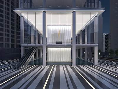 Modern Commercial Building Entrance Featuring Glass Curtain Wall Escalator And Striped Floor At Night 3d model