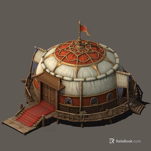 Cartoon Yurt Scene with Red Carpet Steps Flag Top and Wooden Structure 3d model 