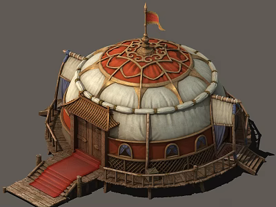 Cartoon Yurt Scene with Red Carpet Steps Flag Top and Wooden Structure 3d model