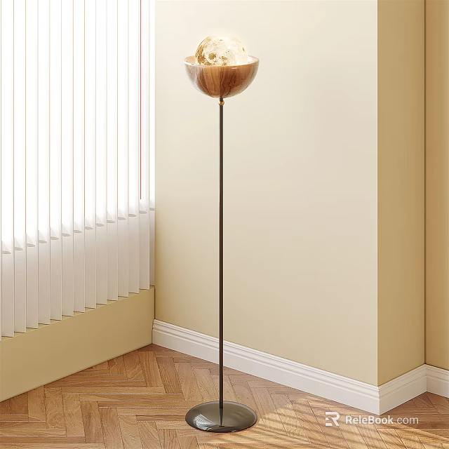 Modern Floor Lamp With Wooden Shade In Beige Room With Window Blinds And Herringbone Floor 3d model 