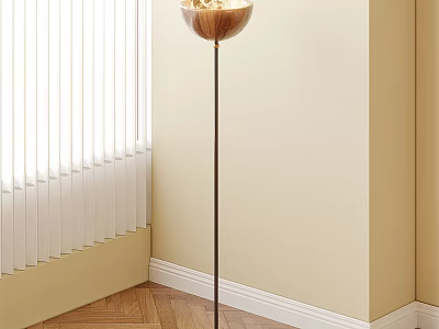 Modern Floor Lamp With Wooden Shade In Beige Room With Window Blinds And Herringbone Floor 3d model