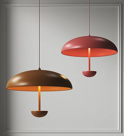 Brown And Red Hanging Pendant Lights With Umbrella Shaped Design And Warm Glow 3d model