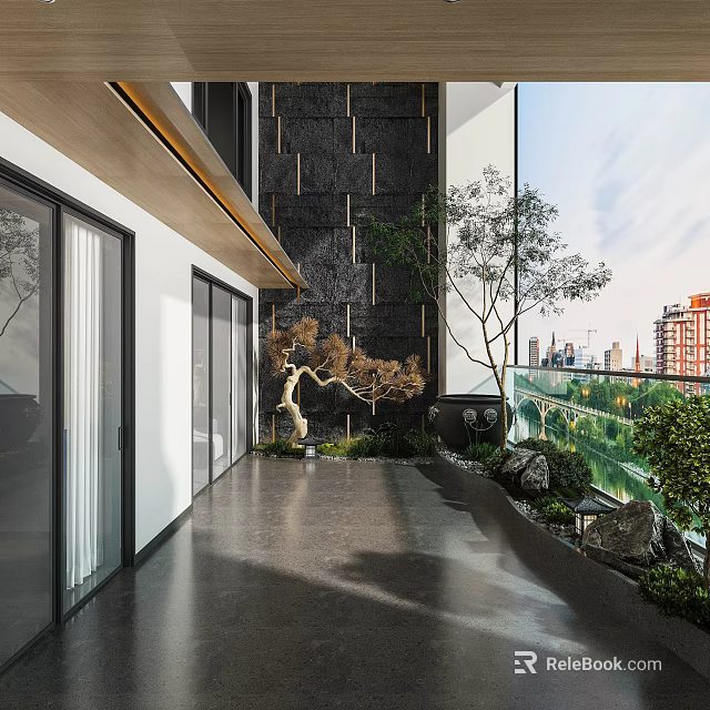 Modern Home Balcony With Glass Railing Potted Trees Stone Wall Gray Tiles And City View 3d model 