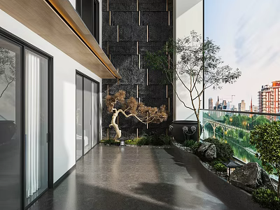 Modern Home Balcony With Glass Railing Potted Trees Stone Wall Gray Tiles And City View 3d model