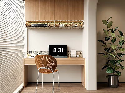 Modern Wooden Desk Setup With Wicker Chair Laptop Decorative Items And Potted Plant 3d model
