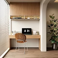 Modern Wooden Desk Setup With Wicker Chair Laptop Decorative Items And Potted Plant