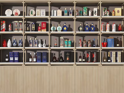 Modern Liquor Cabinet Design With Shelves Filled With Various Bottles And Boxes 3d model
