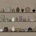 Ceramic Vessels On Multiple Shelves With Various Shapes Colors Jars Vases Bowls Decorative Plant Branches