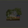 Cartoon Country Scene With House Red Barn Windmill Trees And Flowing Stream