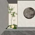 Tranquil Indoor Landscape With Small Tree Grid Screen And Glowing Moon Decoration On Stone Platform