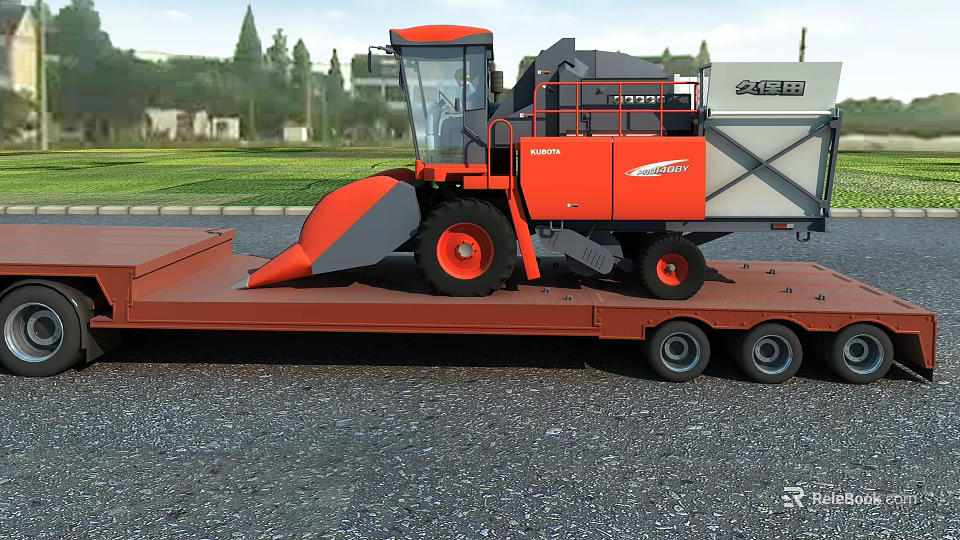Orange Agricultural Harvester On Flatbed Trailer Outdoors 3d model 
