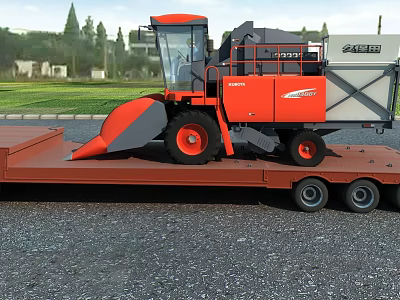 Orange Agricultural Harvester On Flatbed Trailer Outdoors 3d model