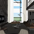 Elegant Modern Dining and Living Room Interior With Wooden Cabinets Pendant Light And Sofa