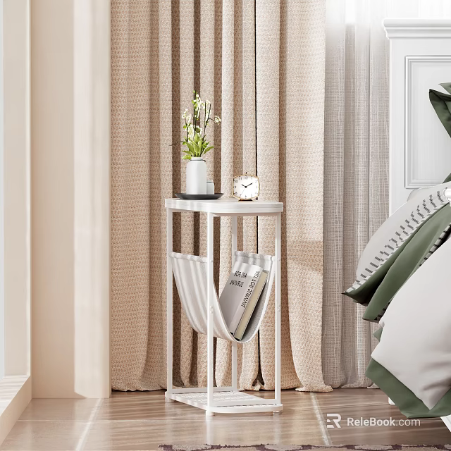 Minimalist White Side Table With Vase Clock And Magazines In Bedroom Setting 3d model 