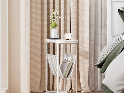 Minimalist White Side Table With Vase Clock And Magazines In Bedroom Setting 3d model