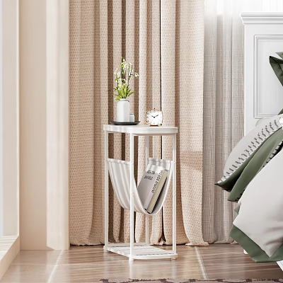 Minimalist White Side Table With Vase Clock And Magazines In Bedroom Setting 3d model