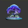 Vibrant Decorative Tree Sculpture With Purple Trunk Blue Canopy Pink Blossoms And Green Moss