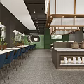 Modern Restaurant Interior With Long Aisle Marble Countertops And Tableware 3d model