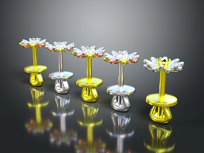 Flower Shaped Decorative Ornament Set With Yellow And Silver Bases And Transparent Crystal Decorations 3d model