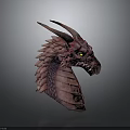 Mythical Pink Dragon Character Head With Scales Horns And Yellow Eyes