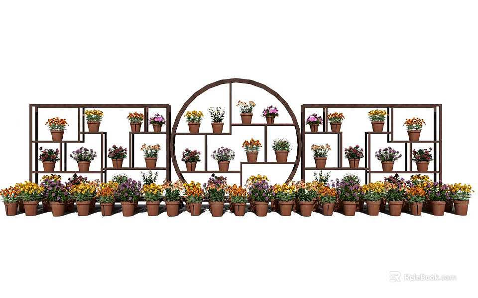 Garden Decor With Circular And Rectangular Flower Racks Holding Various Colorful Potted Flowers 3d model 