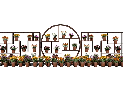 Garden Decor With Circular And Rectangular Flower Racks Holding Various Colorful Potted Flowers 3d model