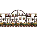 Garden Decor With Circular And Rectangular Flower Racks Holding Various Colorful Potted Flowers