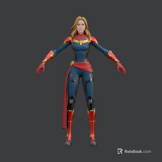 Game And Movie Character Female Superhero With Blue Red Costume Gold Accents And Red Cape 3d model 