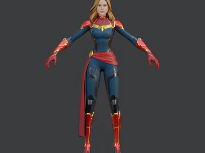 Game And Movie Character Female Superhero With Blue Red Costume Gold Accents And Red Cape 3d model