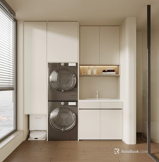 White Modern Bathroom Cabinet Rack With Sink Stackable Washing Machine And Storage Space 3d model 