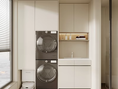 White Modern Bathroom Cabinet Rack With Sink Stackable Washing Machine And Storage Space 3d model