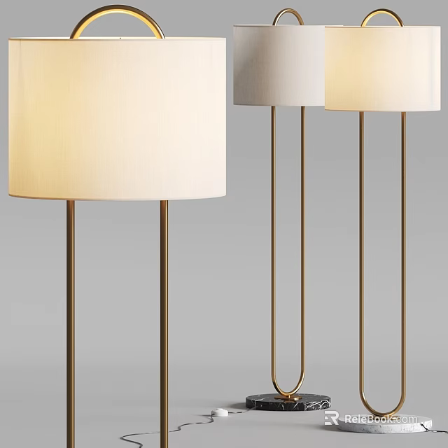 Modern Floor Lamps With White Shades And Golden Stands Set Of Three 3d model 