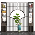 Traditional Chinese Room Divider With Lattice Panels Shelves And Potted Plants