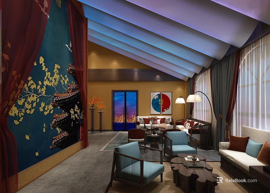Traditional Hotel Public Lounge Area With Blue Accent Wall Golden Floral Patterns And City View 3d model 