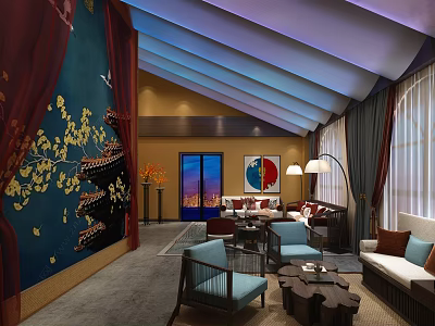 Traditional Hotel Public Lounge Area With Blue Accent Wall Golden Floral Patterns And City View 3d model