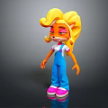 Cartoon Game Movie Character With Blonde Curly Hair Orange Skin Blue Overalls And Pink Shoes