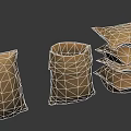 Brown Fabric Bags And Stacked Pillows In Various Shapes On Gray Background