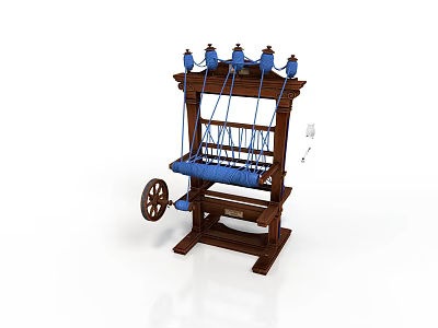 Vintage Traditional Wooden Loom with Blue Threads and Rotating Wheel Mechanism 3d model