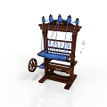 Vintage Traditional Wooden Loom with Blue Threads and Rotating Wheel Mechanism
