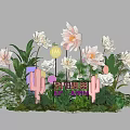 Floral Art Installation With Large White Pink Flowers Green Plants And Themed Signage