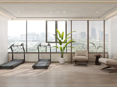 Bright Modern Home Gym Space With Treadmills Green Plant And City View Seating 3d model