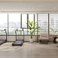 Bright Modern Home Gym Space With Treadmills Green Plant And City View Seating