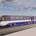 Blue and White Barryville Express Train on Elevated Track with Urban High Rise Buildings
