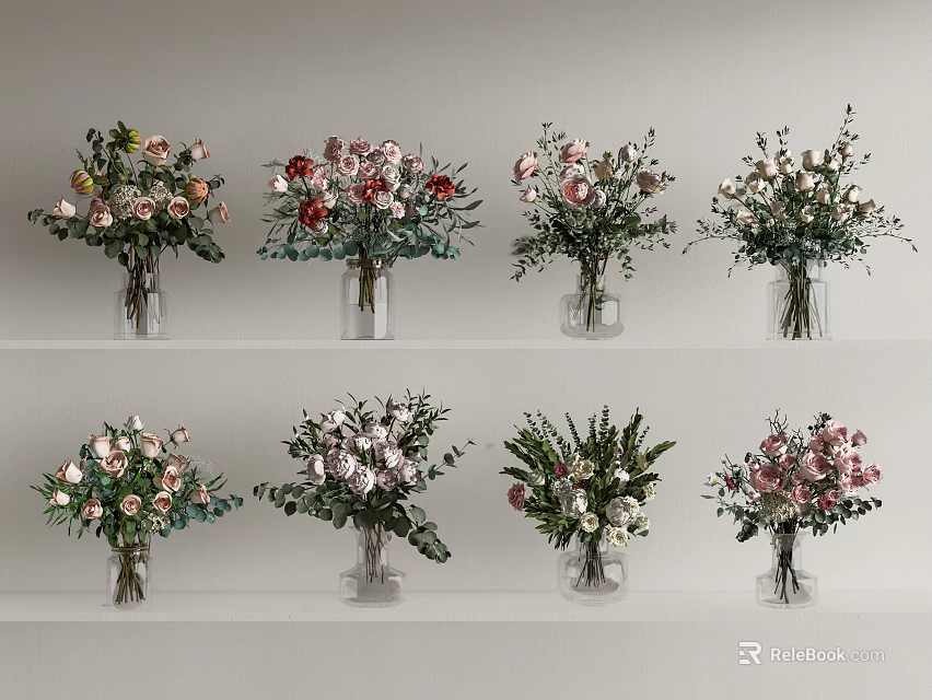 Vibrant Flower Arrangements In Clear Glass Vases On Layered Shelves 3d model 