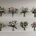 Vibrant Flower Arrangements In Clear Glass Vases On Layered Shelves