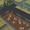 Wooden Post Station Surrounded by Rice Fields With Outdoor Seating And Relaxing People