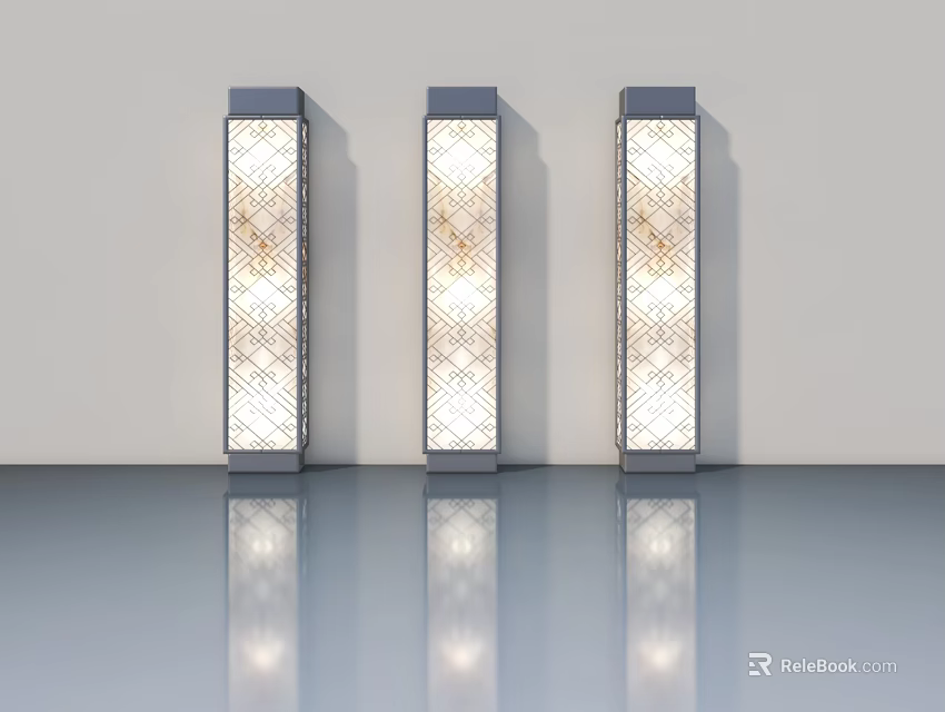 Modern Three Swing Doors With Glass Panels And Geometric Pattern On Reflective Floor 3d model