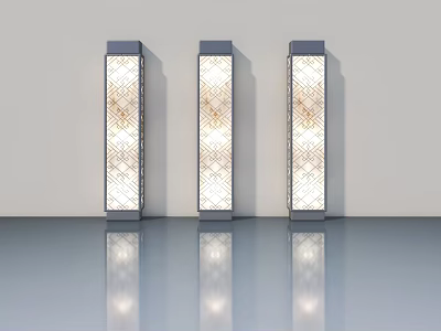 Modern Three Swing Doors With Glass Panels And Geometric Pattern On Reflective Floor 3d model