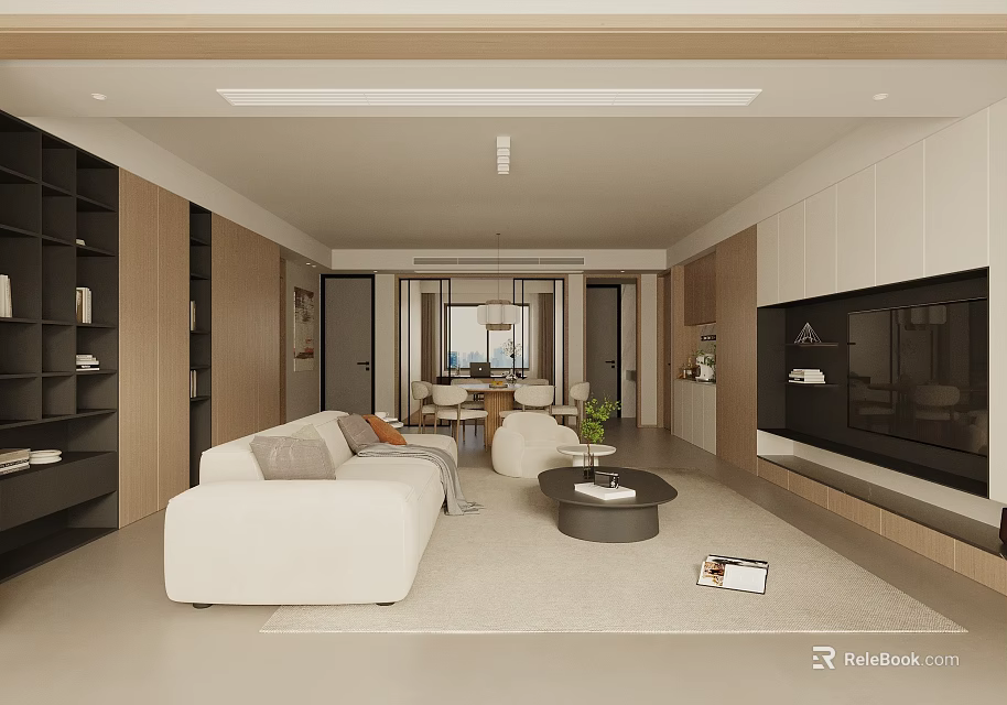 Modern Living And Dining Room Interior With Beige Sofa Coffee Table And TV Cabinet 3d model 